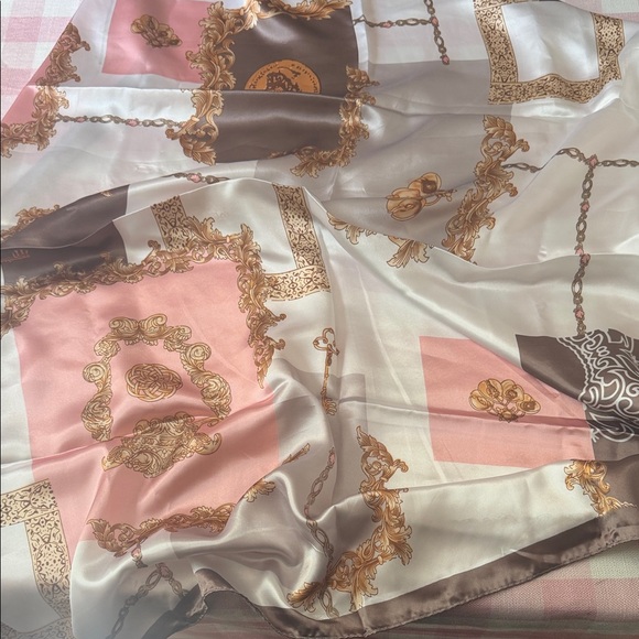 Accessories - Silky Chain Print Scarf in Pink, Cream & Brown 100% silk feeling polyester New
